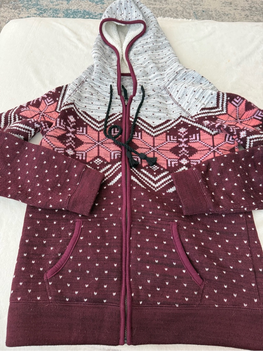 American Eagle Womens Hoodie Jacket Fair Isle Sherpa Lined Oversized M D75